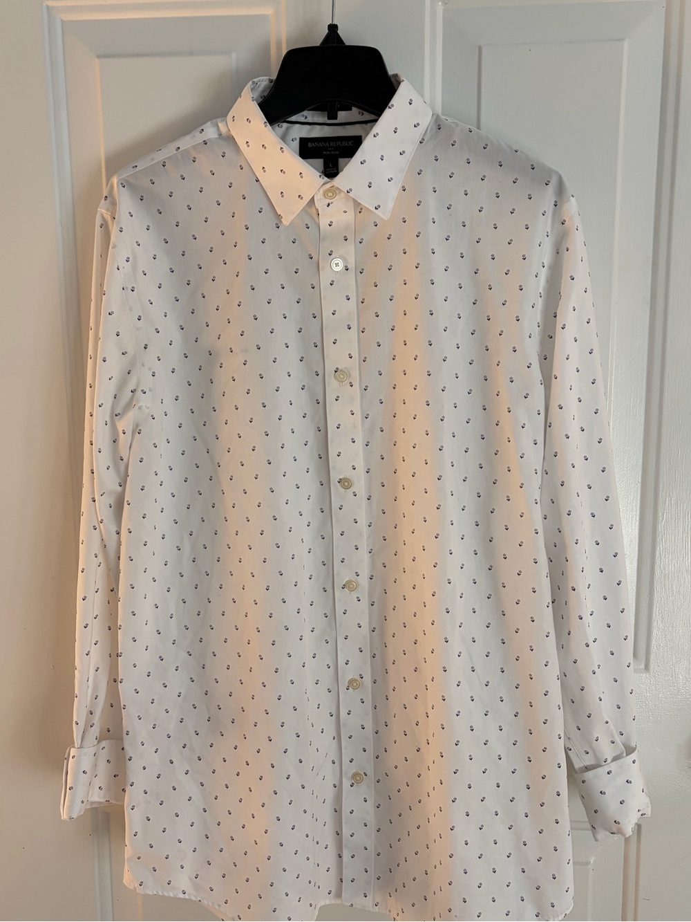 Banana Republic White Button-Down Shirt with Navy Microprint